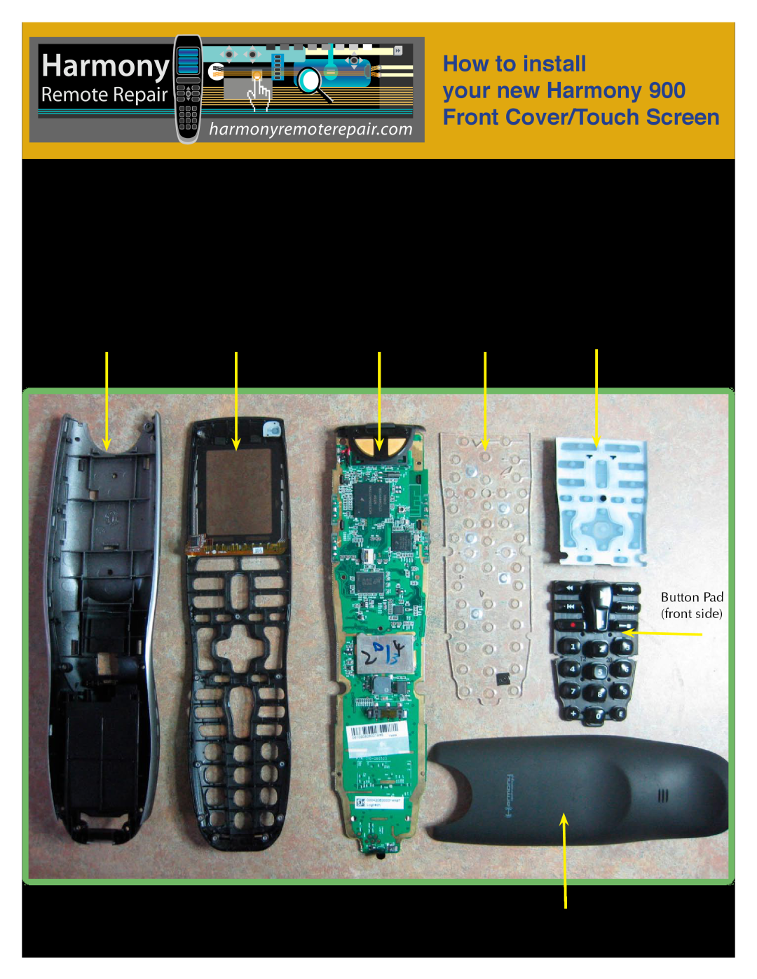 Logitech manual How to install, your new Harmony 900 Front Cover/Touch Screen, Remote Repair 