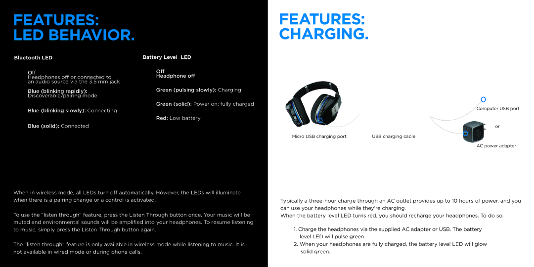 Logitech 9000 manual Features LED Behavior Charging, Bluetooth LED 