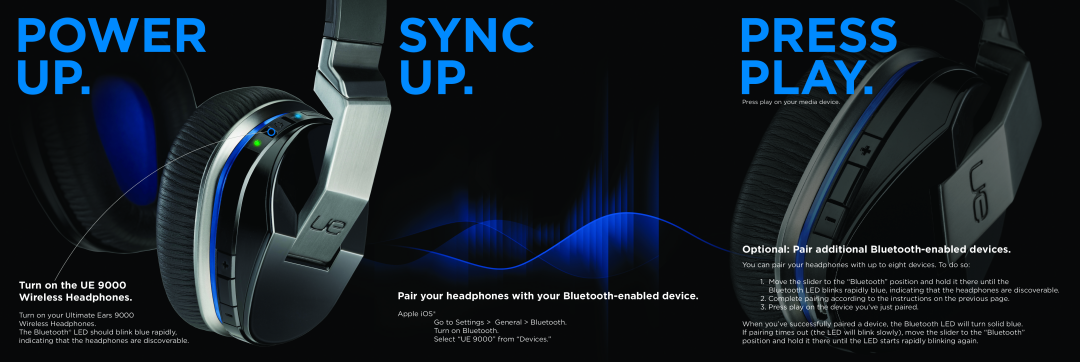 Logitech 9000 manual Power Up, Sync Up, Press Play, Turn on the UE Wireless Headphones 