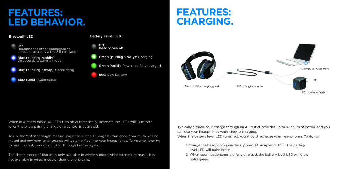 Logitech 9000 manual Features, Led Behavior, Charging, Bluetooth LED, Battery Level LED 