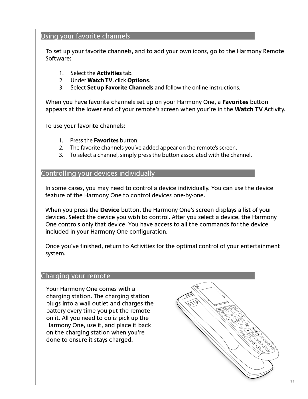 Logitech 915-000099 user manual Using your favorite channels, Controlling your devices individually, Charging your remote 