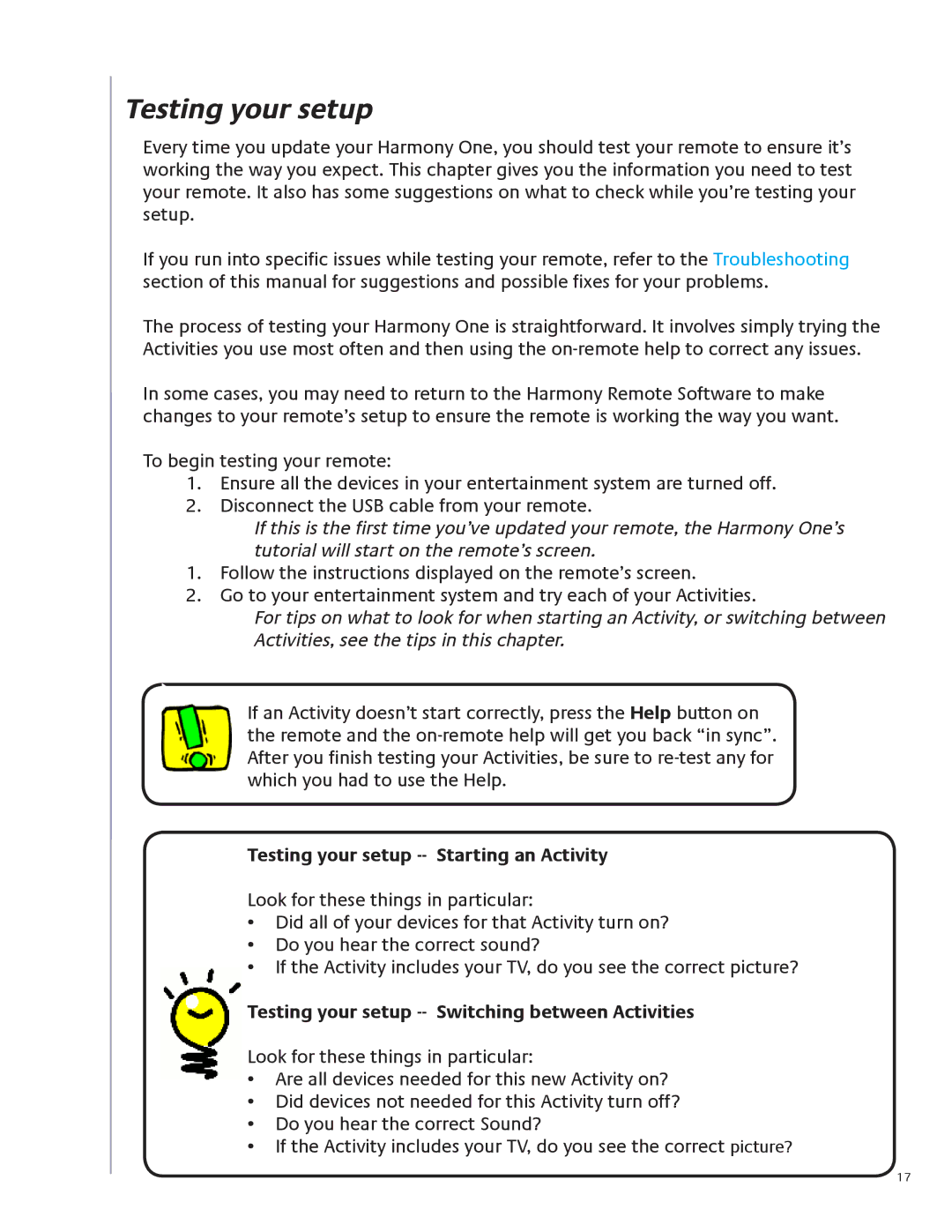 Logitech 915-000099 Testing your setup -- Starting an Activity, Testing your setup -- Switching between Activities 