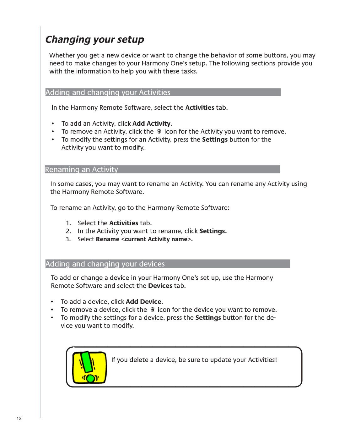 Logitech 915-000099 user manual Changing your setup, Adding and changing your Activities, Renaming an Activity 