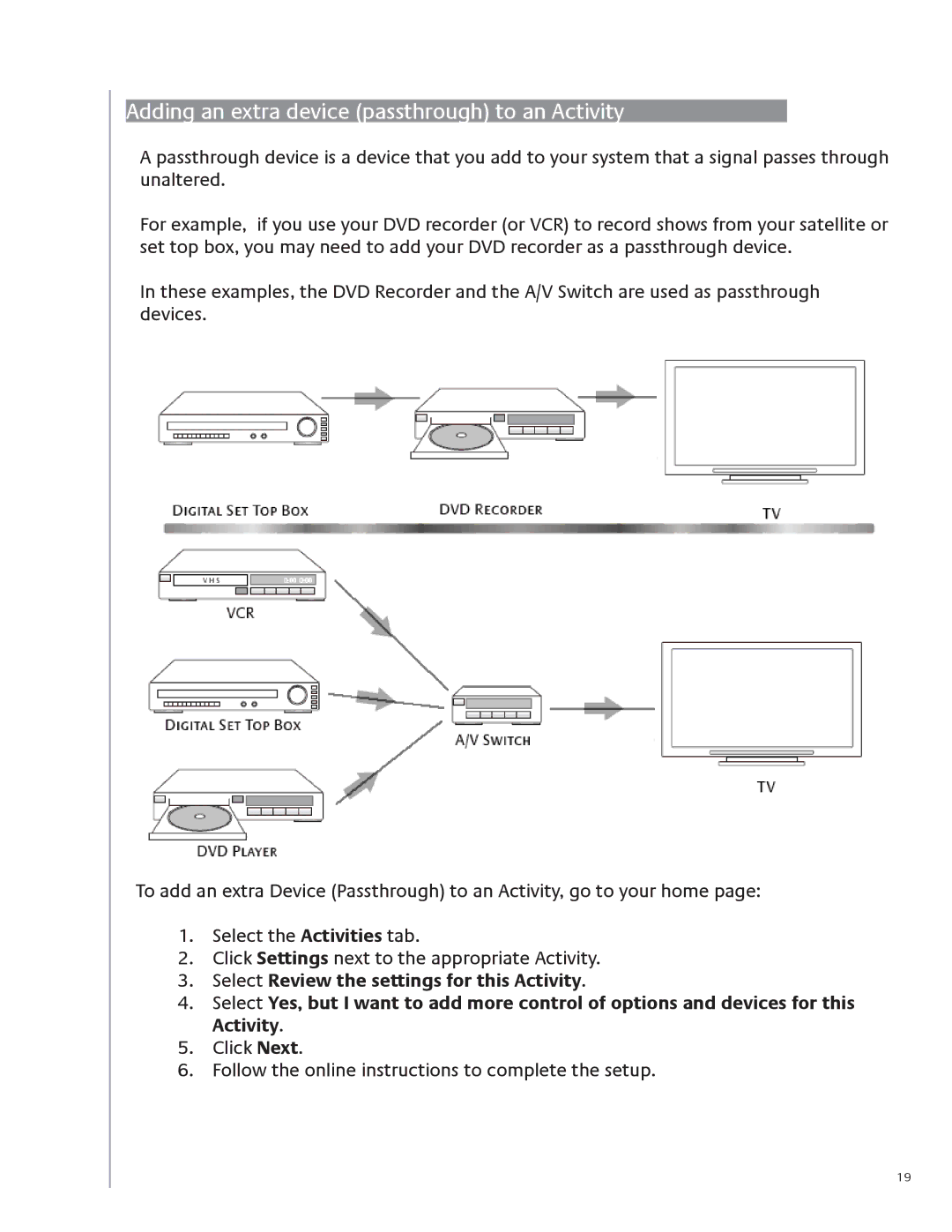 Logitech 915-000099 user manual Adding an extra device passthrough to an Activity 