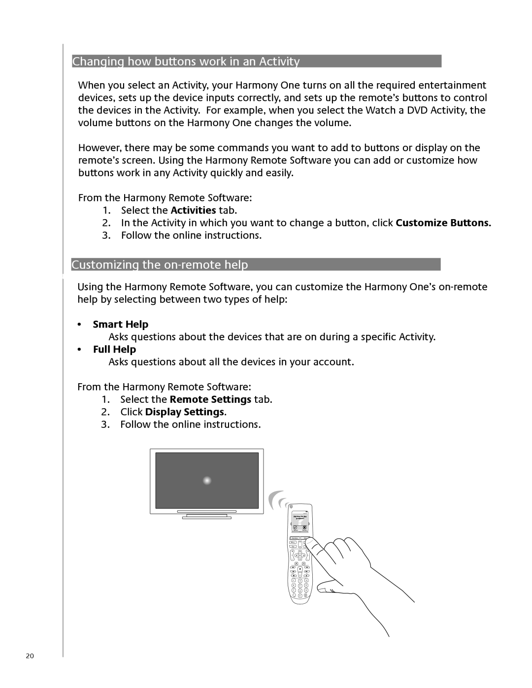 Logitech 915-000099 Changing how buttons work in an Activity, Customizing the on-remote help, Smart Help, Full Help 