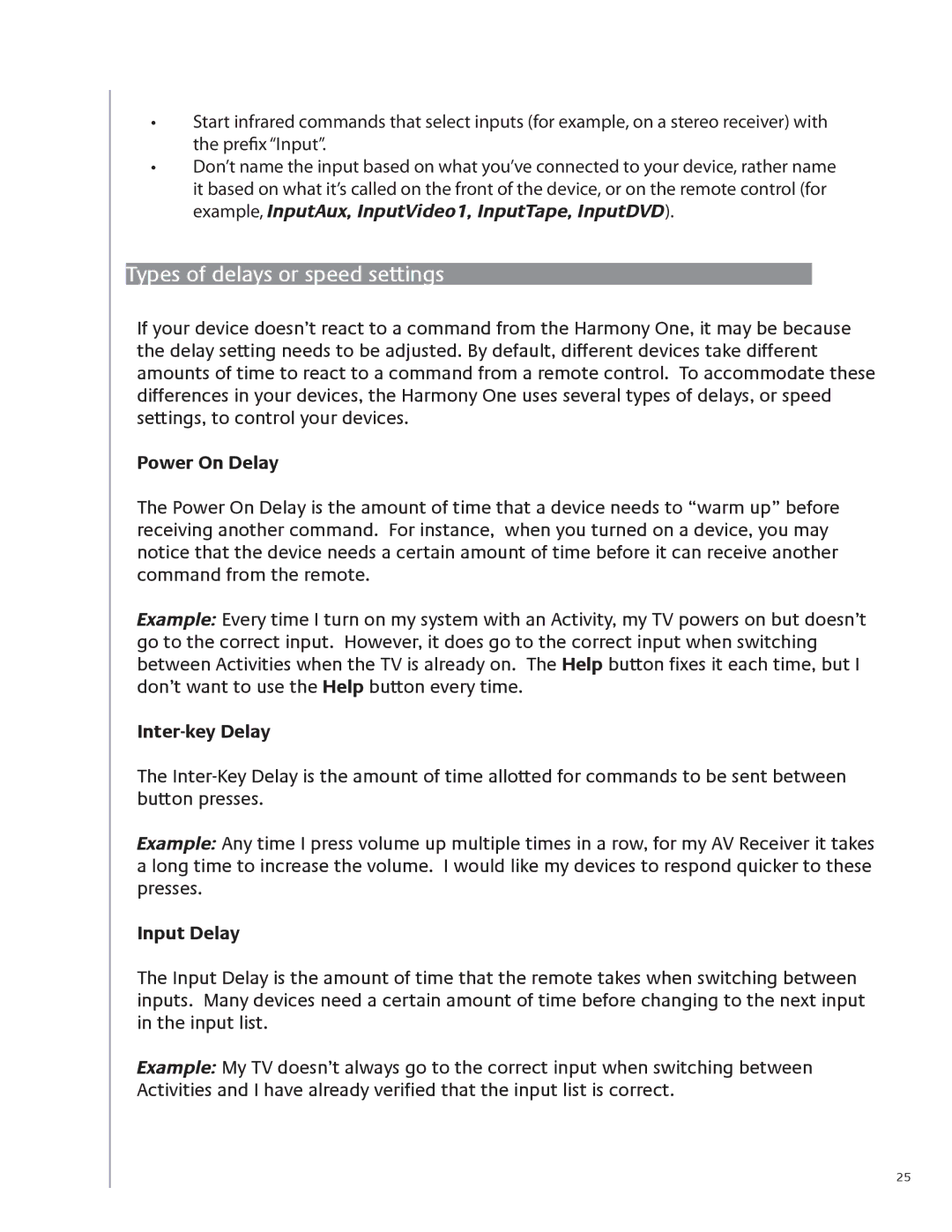 Logitech 915-000099 user manual Types of delays or speed settings, Power On Delay, Inter-key Delay, Input Delay 