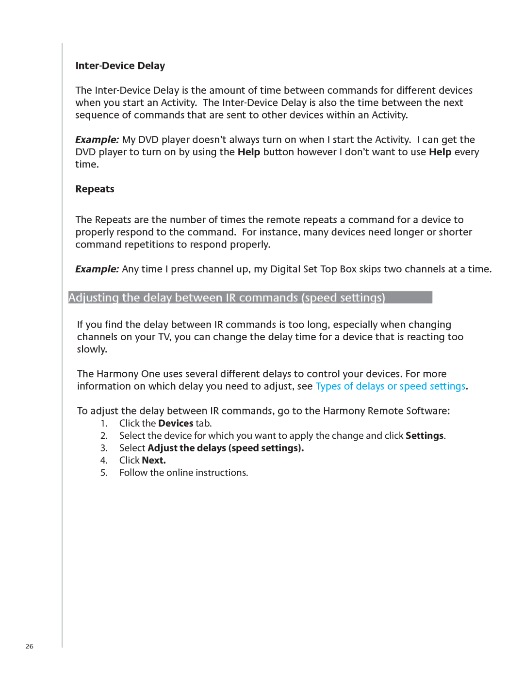 Logitech 915-000099 user manual Adjusting the delay between IR commands speed settings, Inter-Device Delay, Repeats 