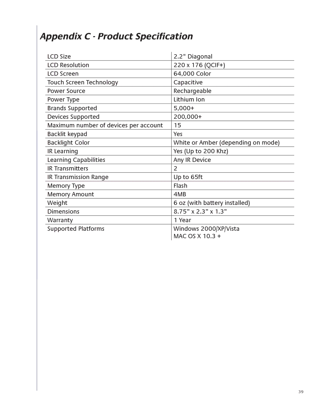 Logitech 915-000099 user manual Appendix C Product Specification, 4MB 