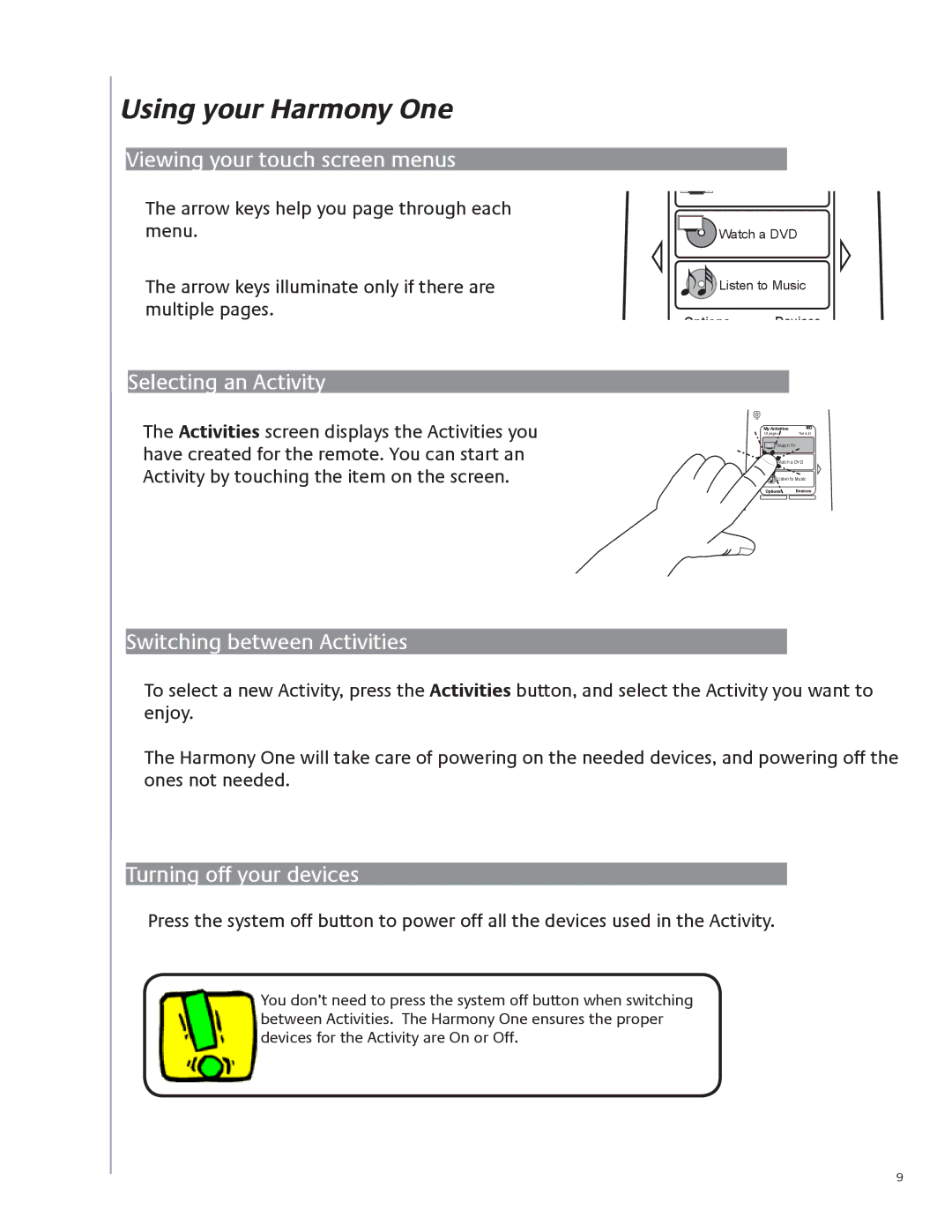 Logitech 915-000099 user manual Using your Harmony One, Viewing your touch screen menus, Selecting an Activity 