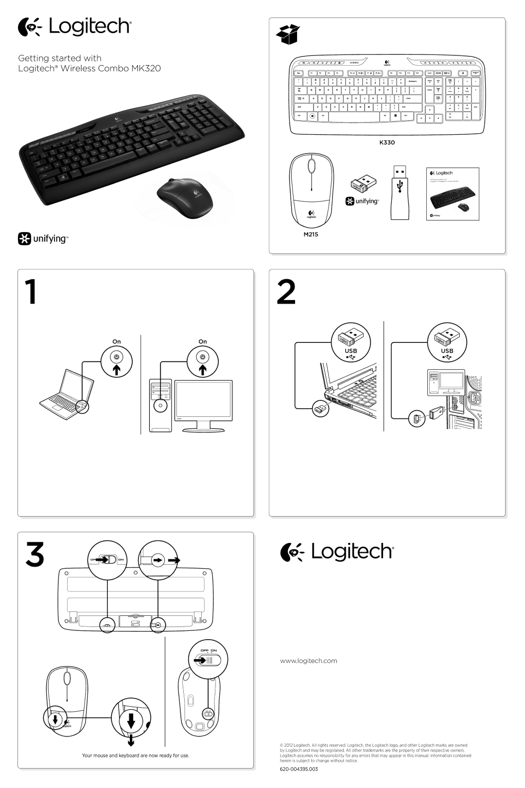 Logitech 920-002836 manual Your mouse and keyboard are now ready for use, 620-004395.003 