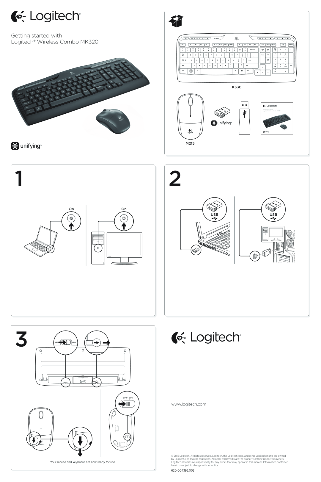 Logitech 920-002836 manual K330, M215, On USB, Getting started with Logitech Wireless Combo MK320 
