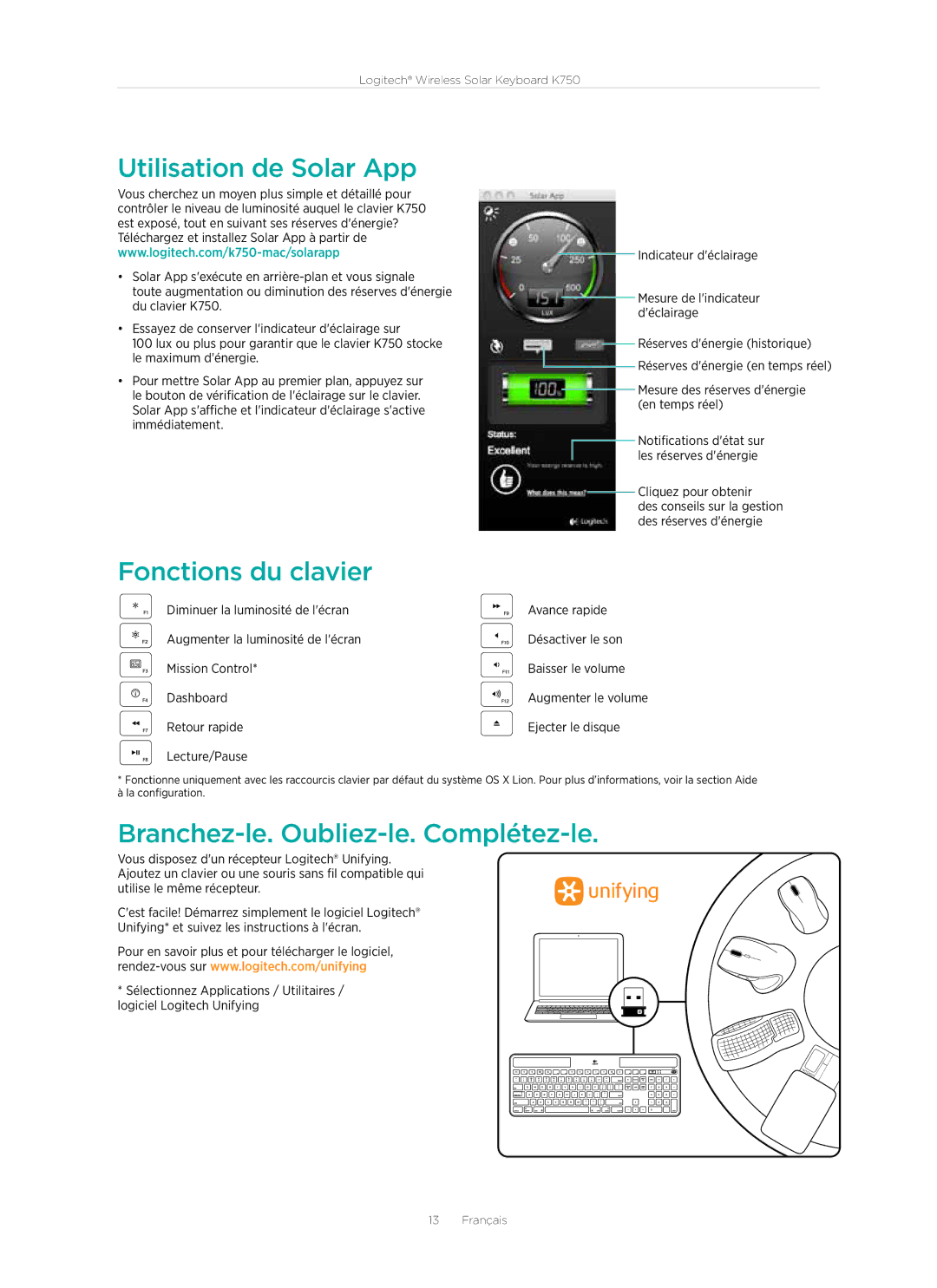 Logitech 920-002912 manual Utilisation de Solar App, Fonctions du clavier, Branchez-le. Oubliez-le. Complétez-le 