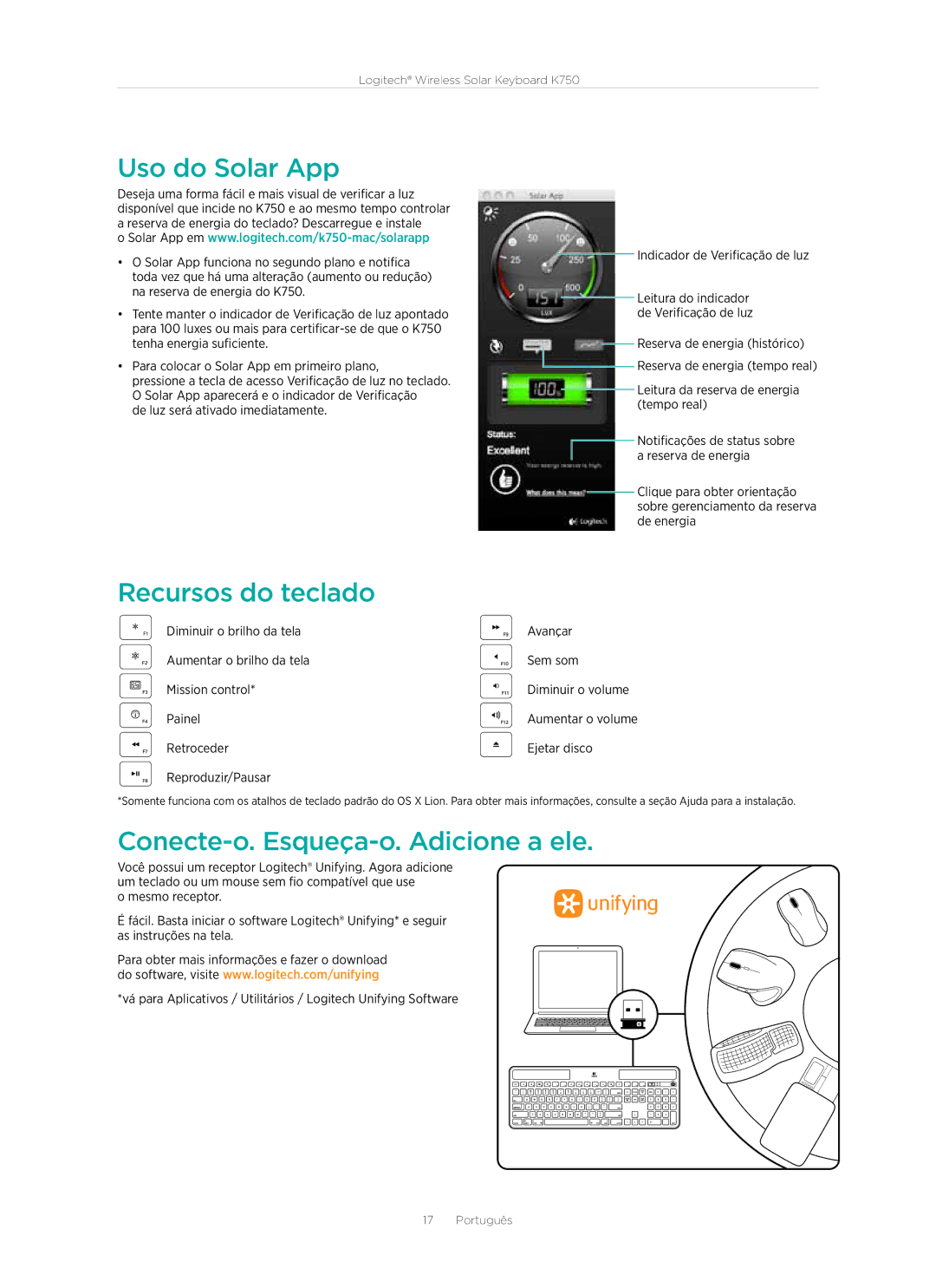 Logitech 920-002912 manual Uso do Solar App, Recursos do teclado, Conecte-o. Esqueça-o. Adicione a ele 