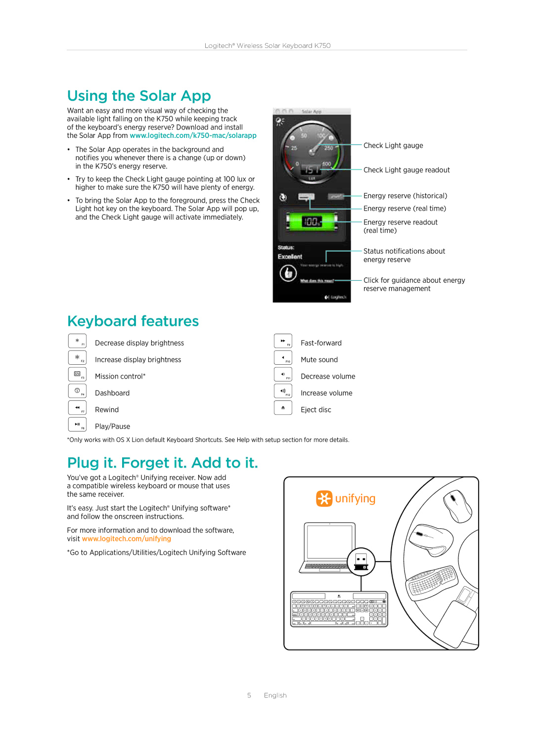 Logitech 920-002912 manual Using the Solar App, Keyboard features, Plug it. Forget it. Add to it 