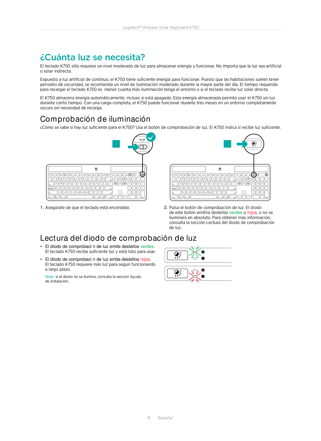 Logitech 920-002912 manual ¿Cuánta luz se necesita?, Comprobación de iluminación, Lectura del diodo de comprobación de luz 