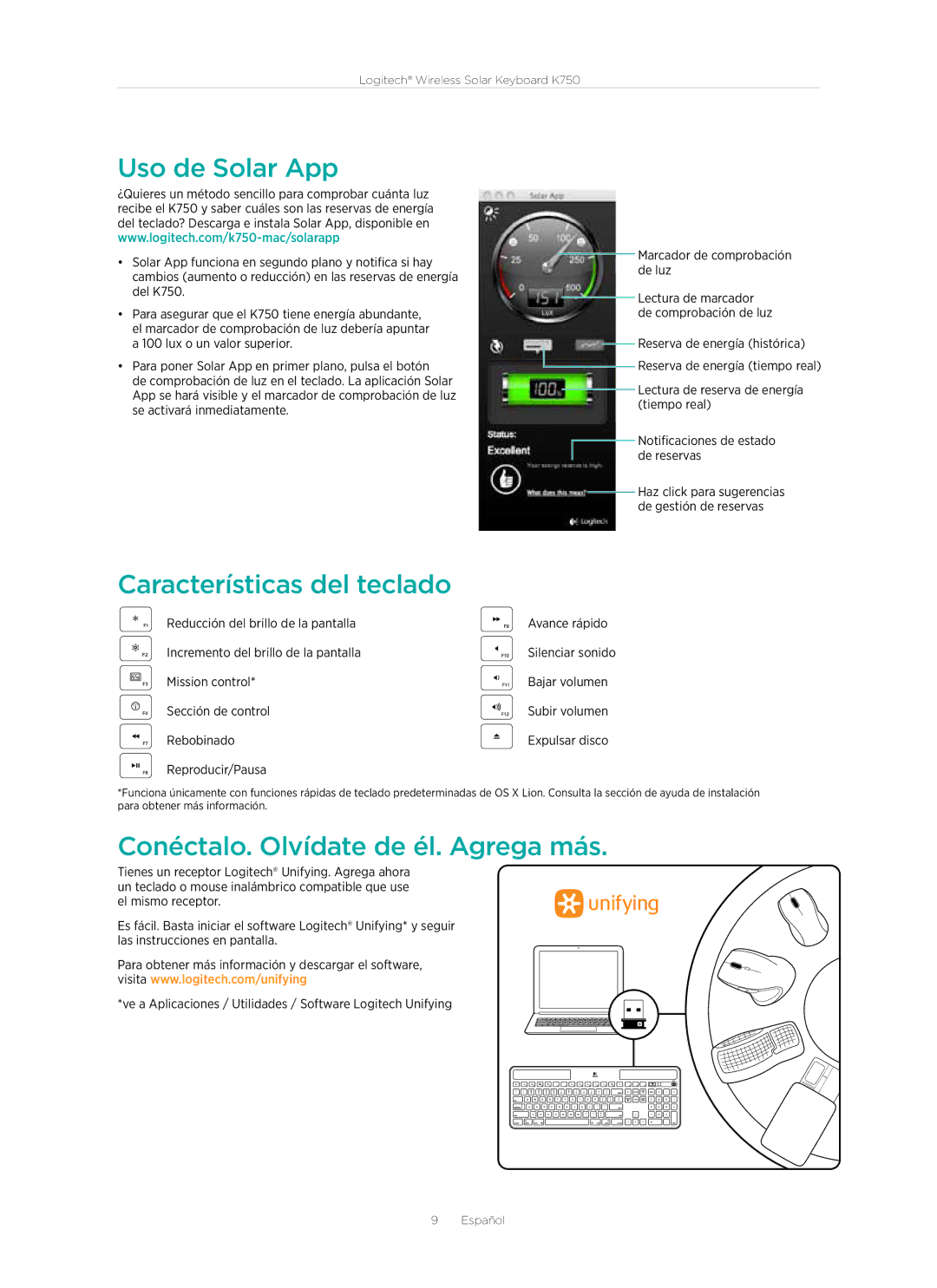 Logitech 920-002912 manual Uso de Solar App, Características del teclado, Conéctalo. Olvídate de él. Agrega más 