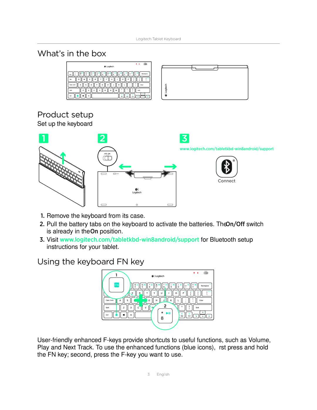 Logitech 920004569 setup guide What’s in the box Product setup, Using the keyboard FN key 