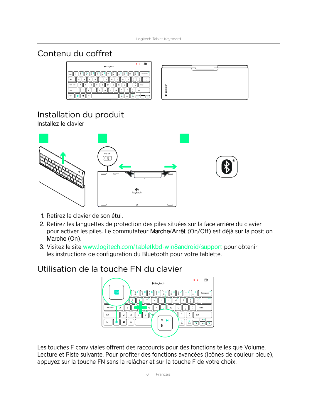 Logitech 920004569 setup guide Contenu du coffret Installation du produit, Utilisation de la touche FN du clavier 