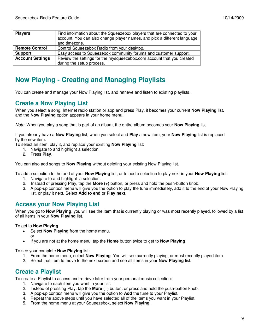 Logitech 930-000101 Now Playing Creating and Managing Playlists, Create a Now Playing List, Access your Now Playing List 