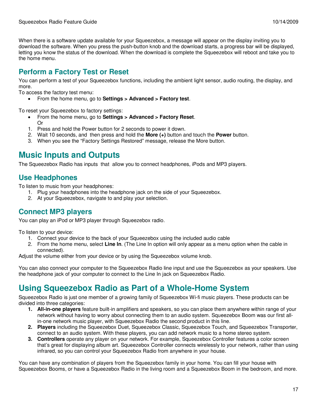 Logitech 930-000101 manual Music Inputs and Outputs, Using Squeezebox Radio as Part of a Whole-Home System, Use Headphones 