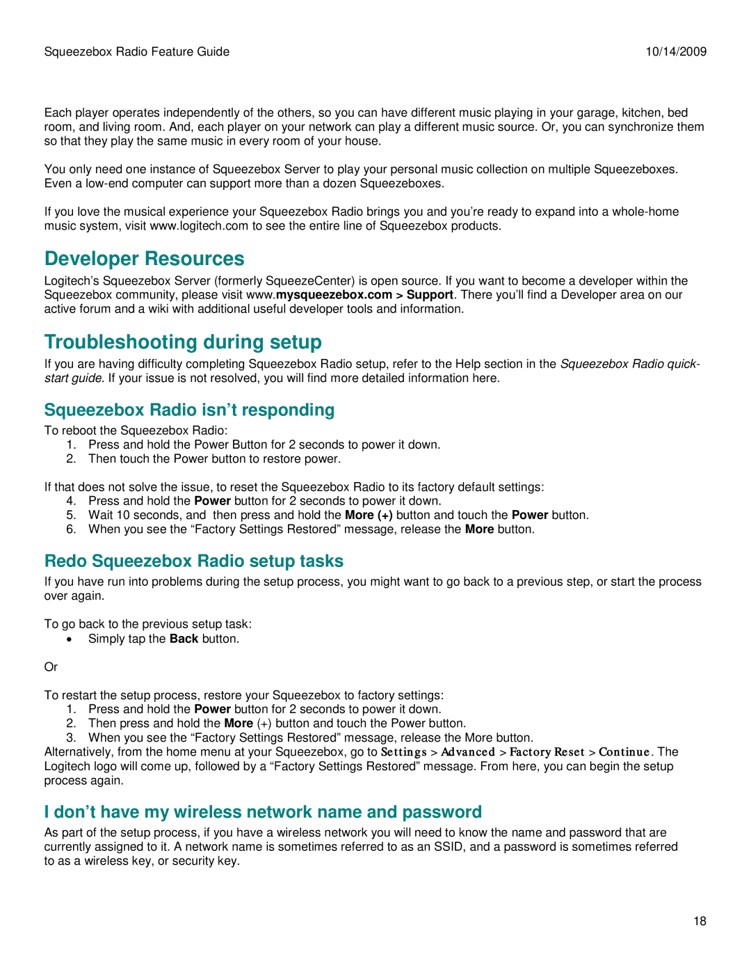 Logitech 930-000101 manual Developer Resources Troubleshooting during setup, Squeezebox Radio isn’t responding 