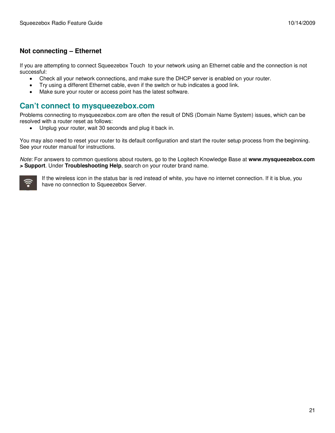 Logitech 930-000101 manual Can’t connect to mysqueezebox.com, Not connecting Ethernet 