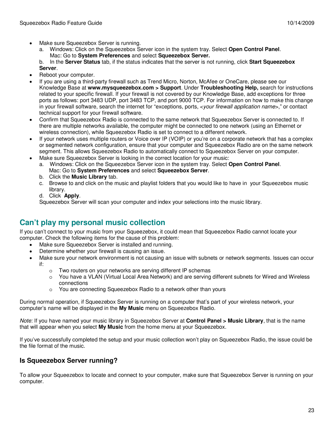 Logitech 930-000101 manual Can’t play my personal music collection, Is Squeezebox Server running? 