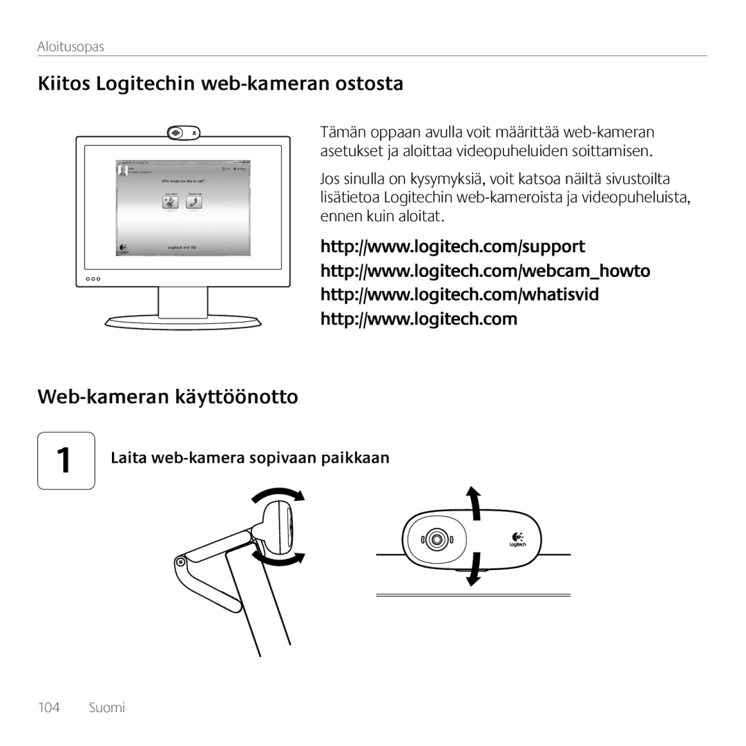 Logitech 960-000880 Kiitos Logitechin web-kameran ostosta, Web-kameran käyttöönotto, Laita web-kamera sopivaan paikkaan 