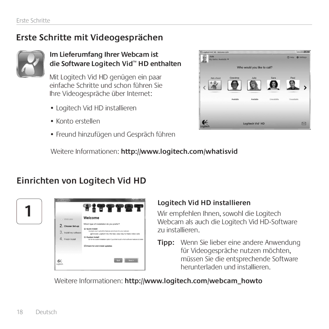 Logitech 960-000880, C110 Erste Schritte mit Videogesprächen, Einrichten von Logitech Vid HD, Logitech Vid HD installieren 