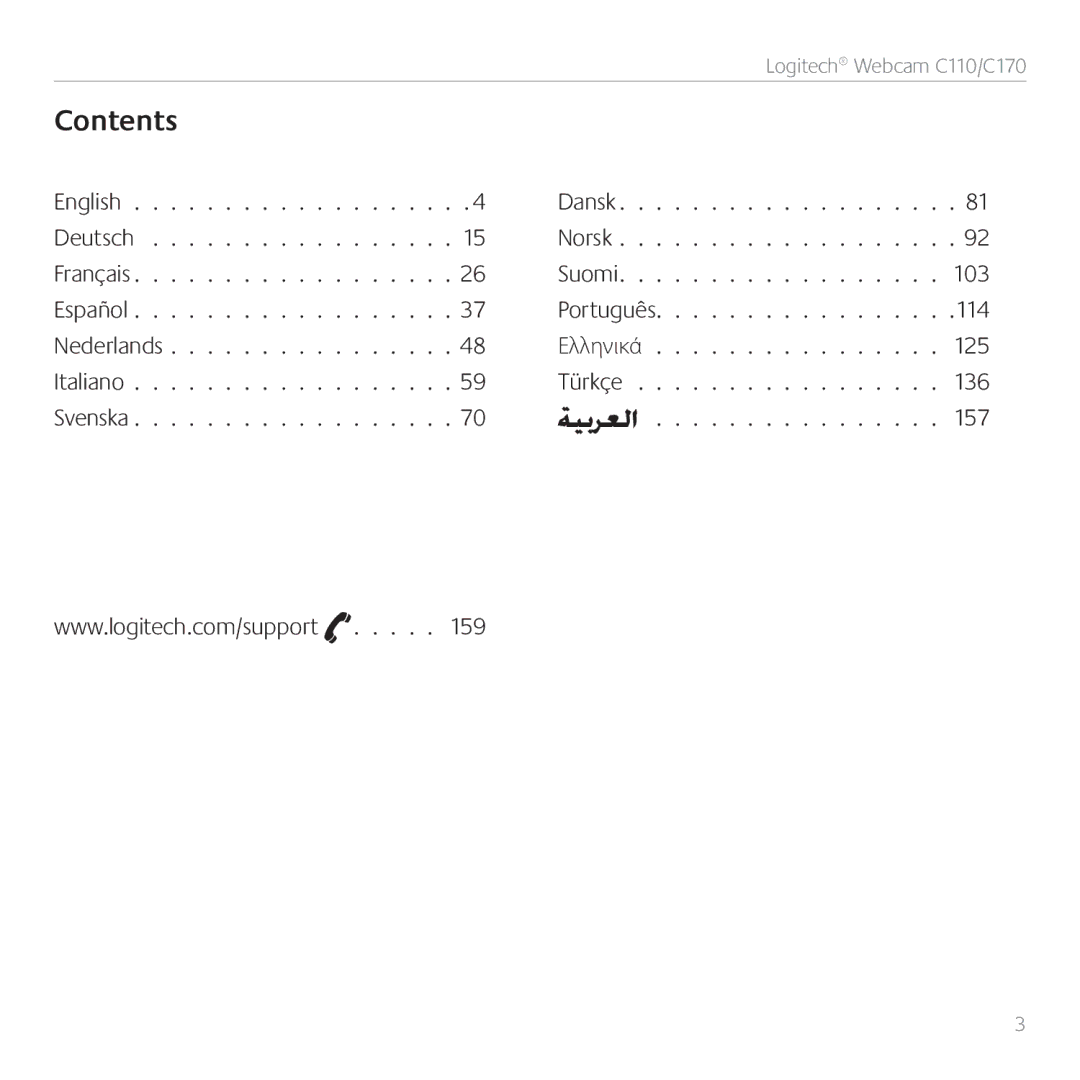 Logitech C110, 960-000880 manual Contents 