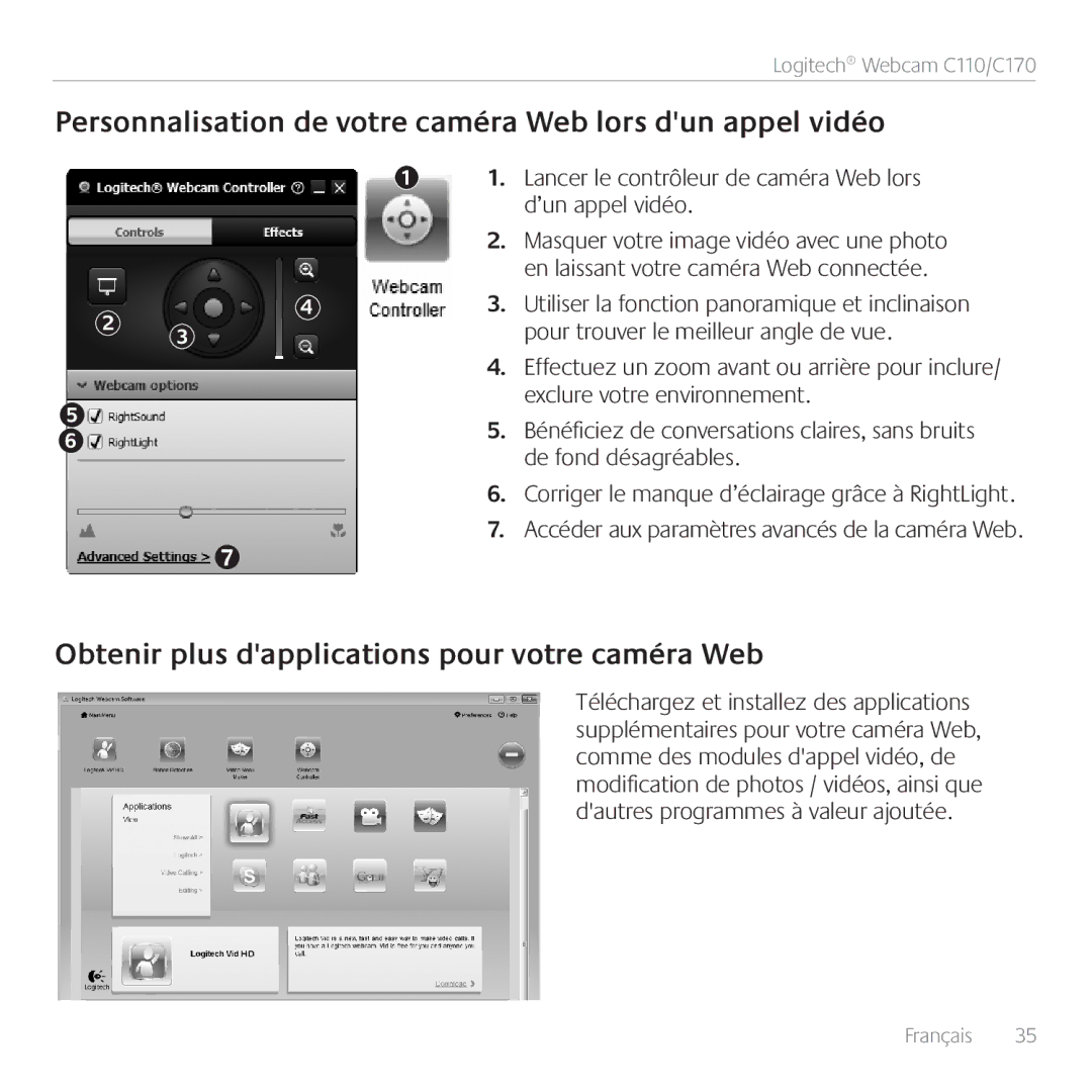 Logitech C110 Personnalisation de votre caméra Web lors dun appel vidéo, Obtenir plus dapplications pour votre caméra Web 