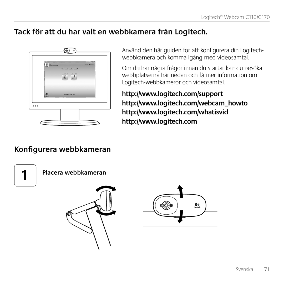 Logitech C110 manual Tack för att du har valt en webbkamera från Logitech, Konfigurera webbkameran, Placera webbkameran 