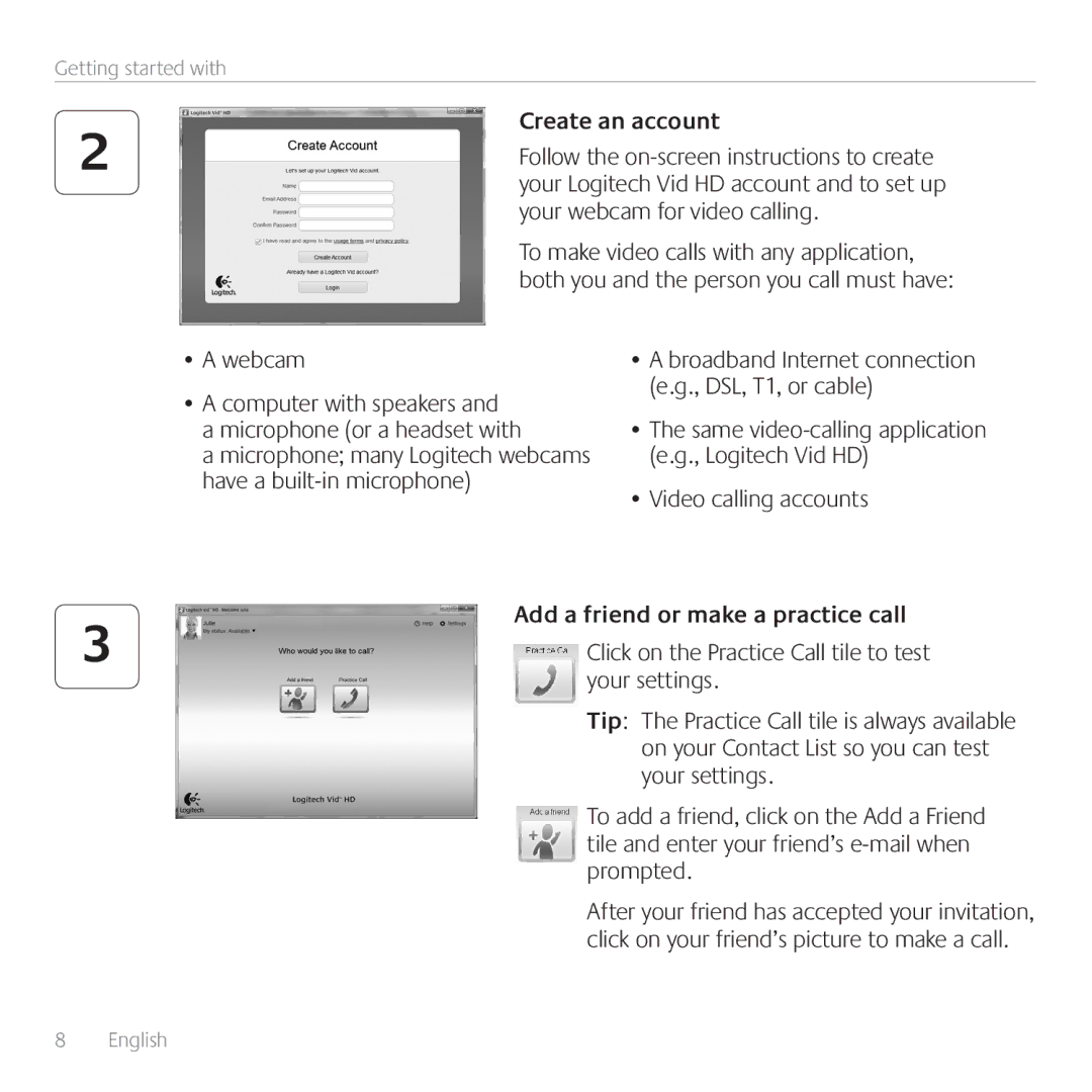 Logitech 960-000880, C110 manual Create an account, Webcam, Video calling accounts 