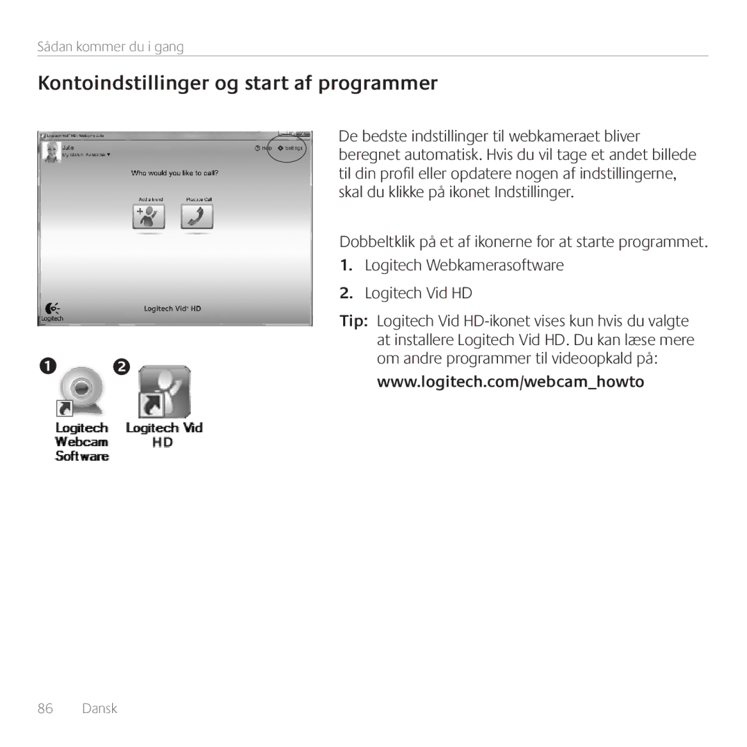 Logitech 960-000880, C110 manual Kontoindstillinger og start af programmer 