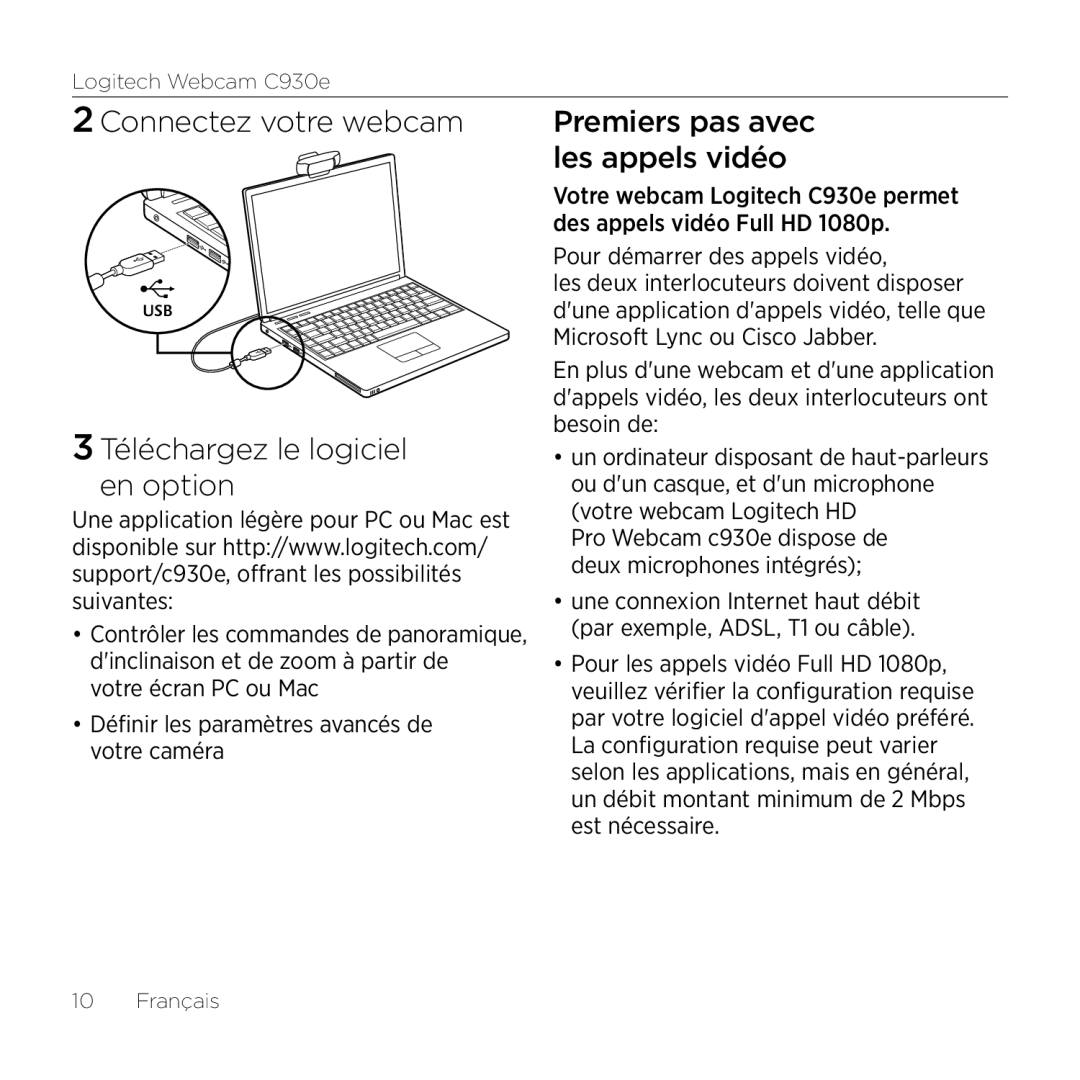 Logitech 960000971 manual Connectez votre webcam, Téléchargez le logiciel en option, Premiers pas avec les appels vidéo 