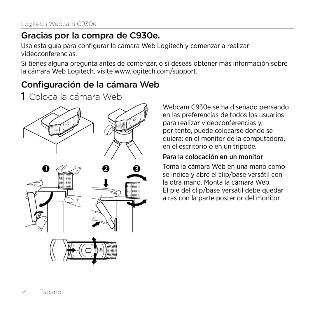 Logitech 960000971 manual Gracias por la compra de C930e, Configuración de la cámara Web Coloca la cámara Web 