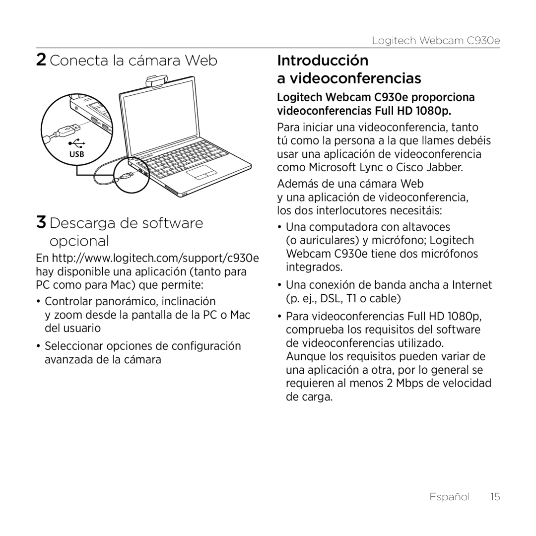 Logitech 960000971 manual Conecta la cámara Web, Descarga de software opcional, Introducción Videoconferencias 