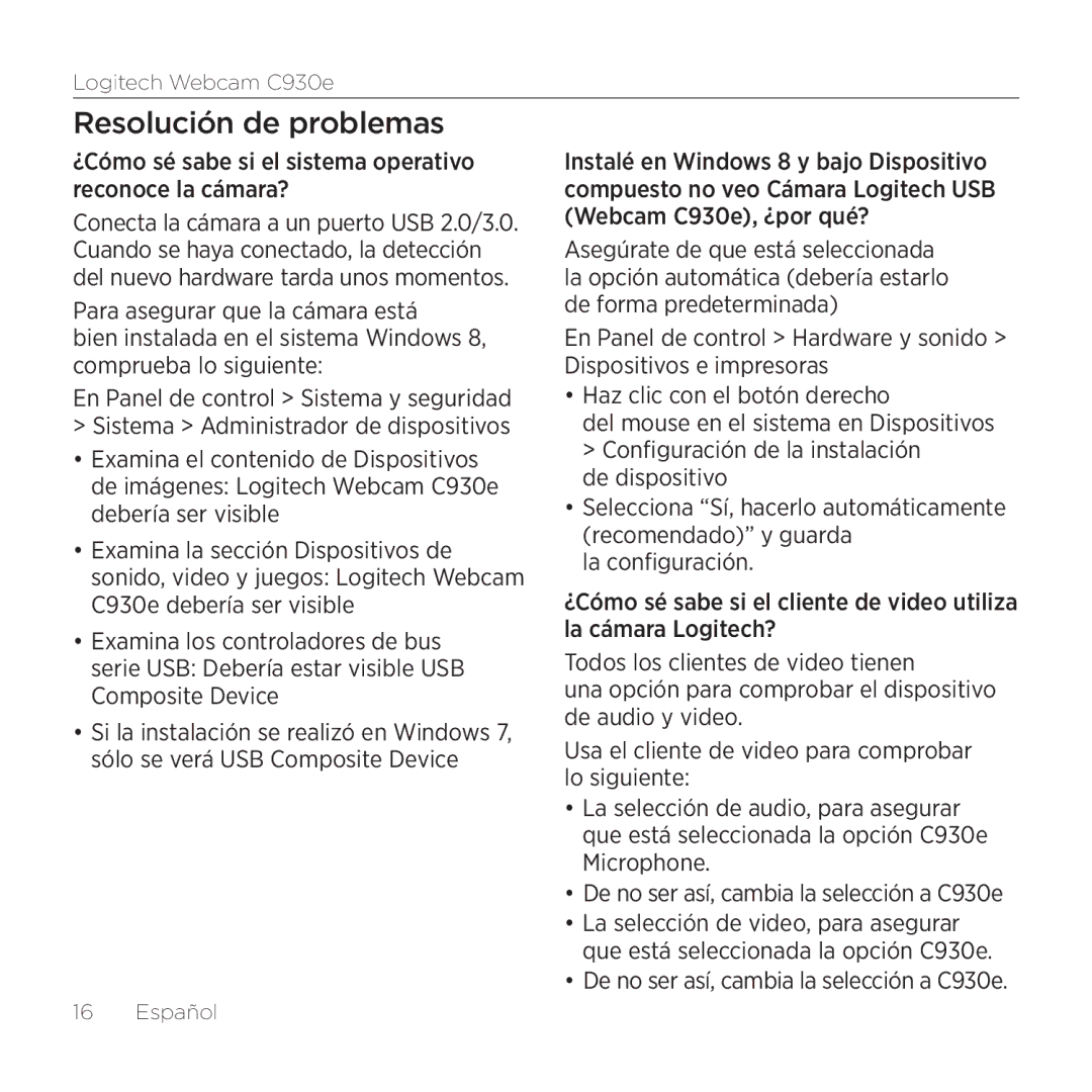 Logitech 960000971 Resolución de problemas, ¿Cómo sé sabe si el sistema operativo reconoce la cámara?, De dispositivo 