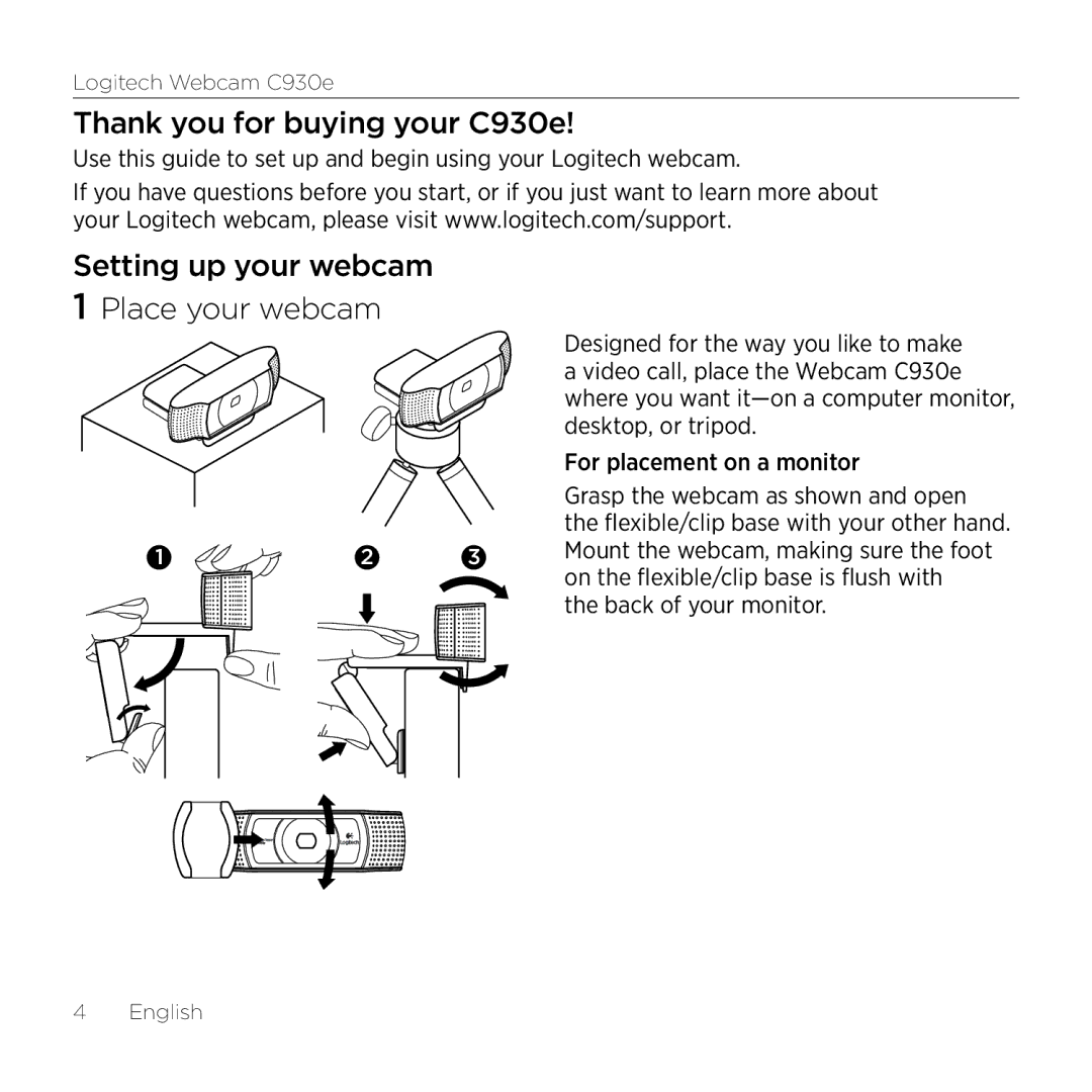 Logitech 960000971 manual Thank you for buying your C930e, Setting up your webcam Place your webcam 