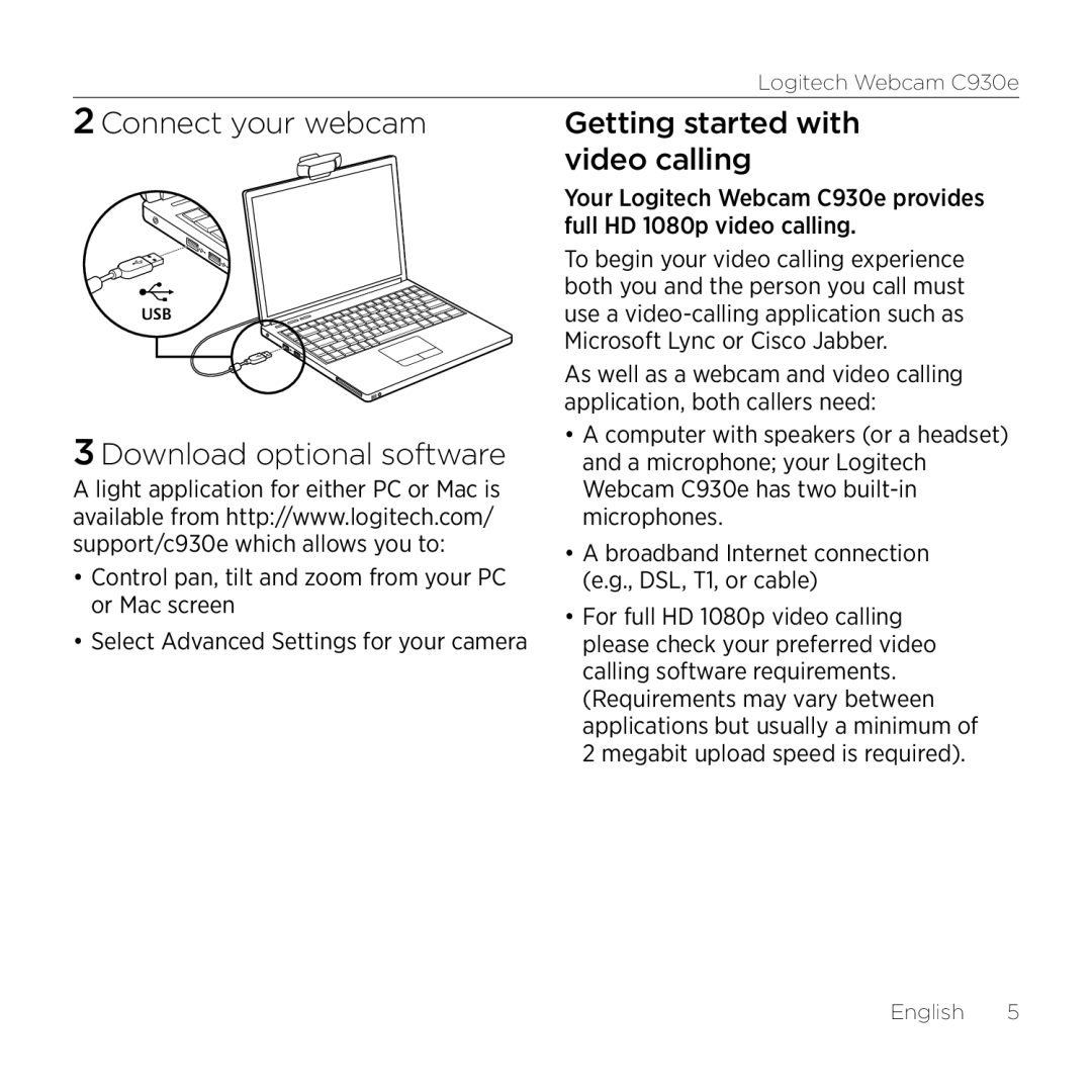 Logitech 960000971 manual Connect your webcam, Download optional software, Getting started with video calling 