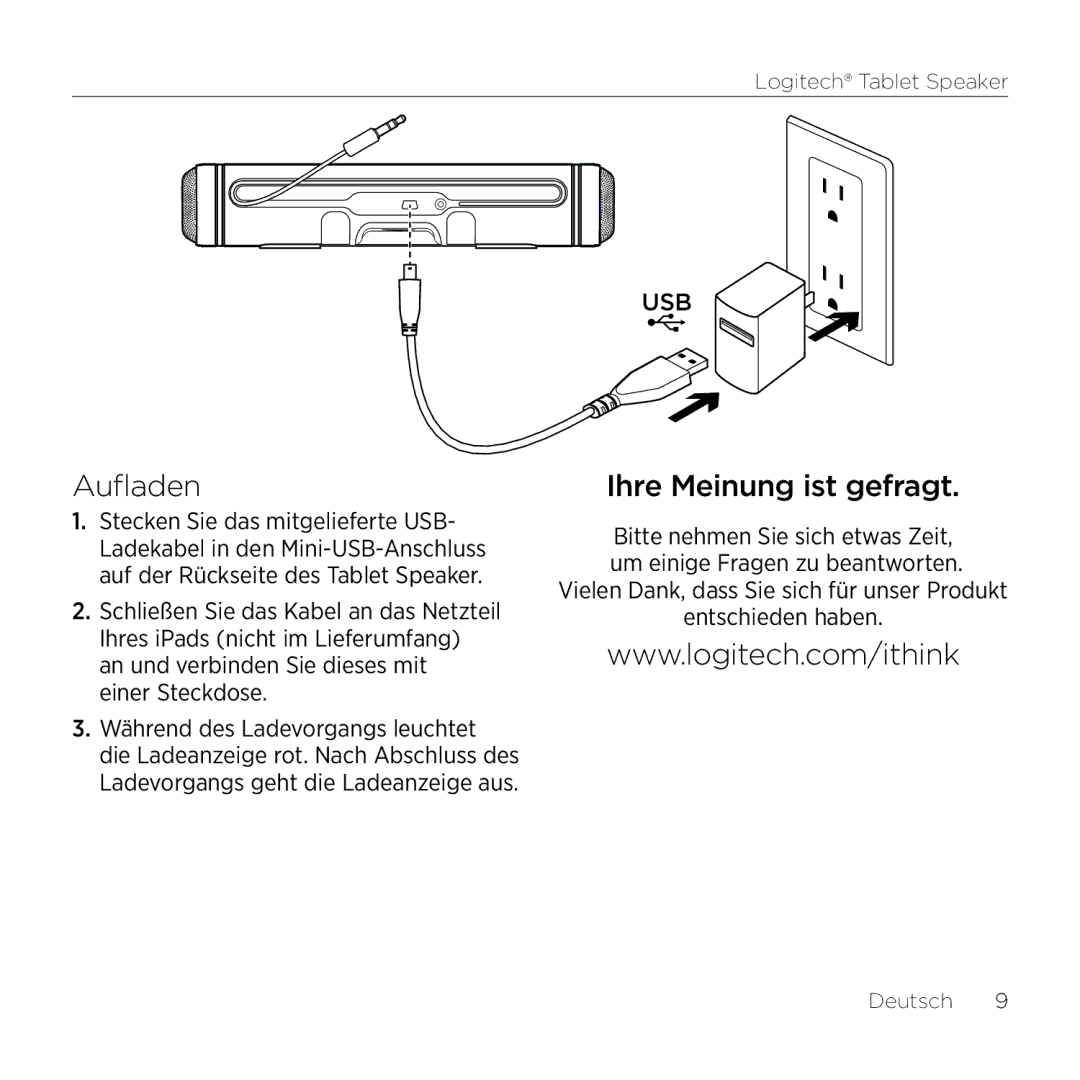 Logitech 984-000193 manual Aufladen, Ihre Meinung ist gefragt 