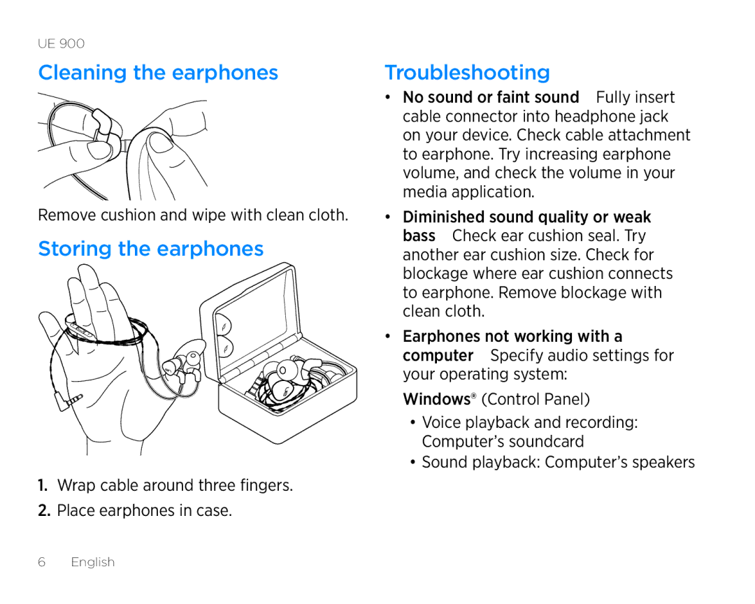 Logitech 985-000381 manual Cleaning the earphones, Storing the earphones, Troubleshooting 