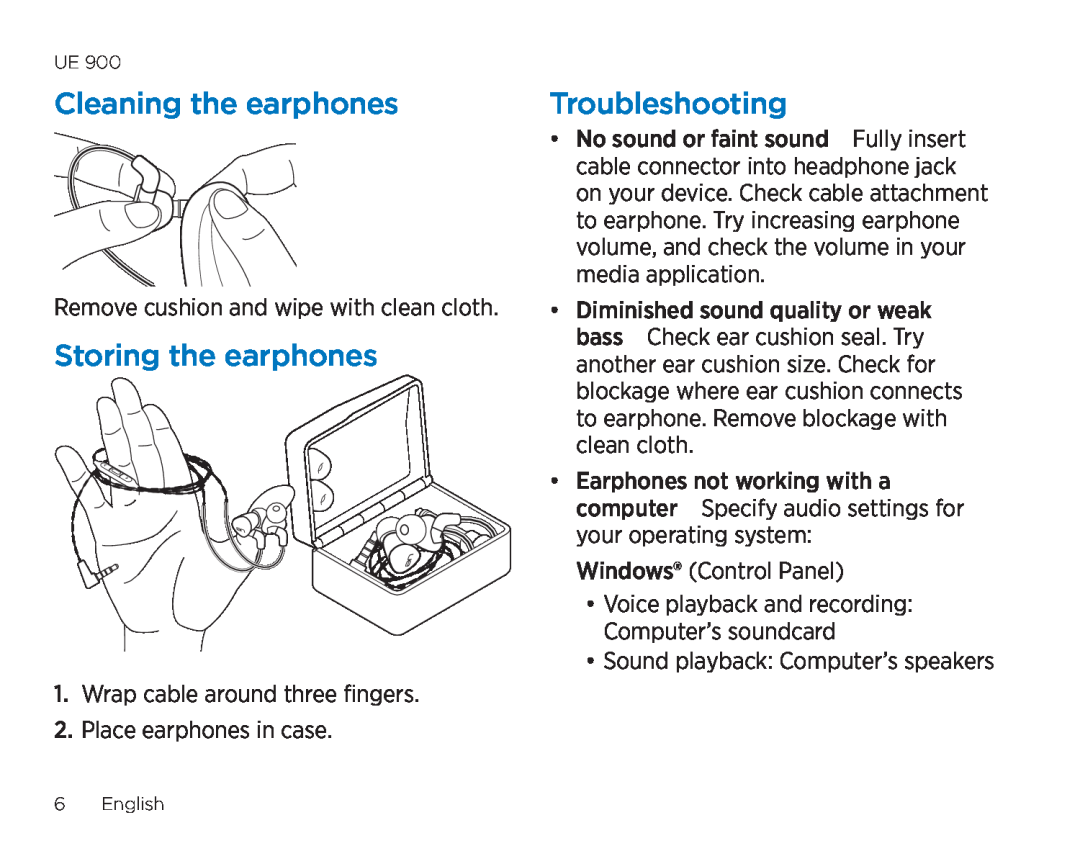 Logitech 985-000381 manual Cleaning the earphones, Storing the earphones, Troubleshooting 