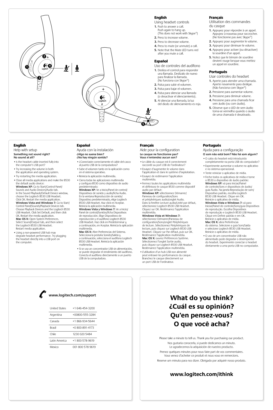 Logitech B530 Using headset controls, Uso de controles del audífono, Utilisation des commandes du casque, Help with setup 