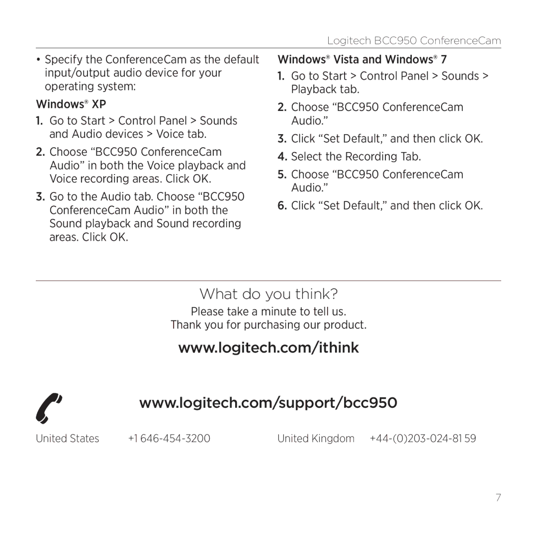 Logitech 960-000866, BCC950 manual What do you think?, United States 