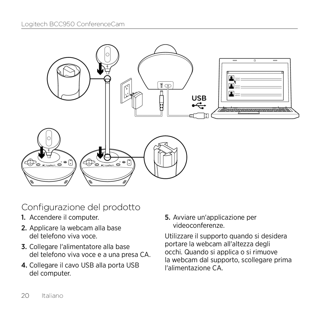 Logitech BCC950 manual Configurazione del prodotto, La webcam dal supporto, scollegare prima lalimentazione CA 