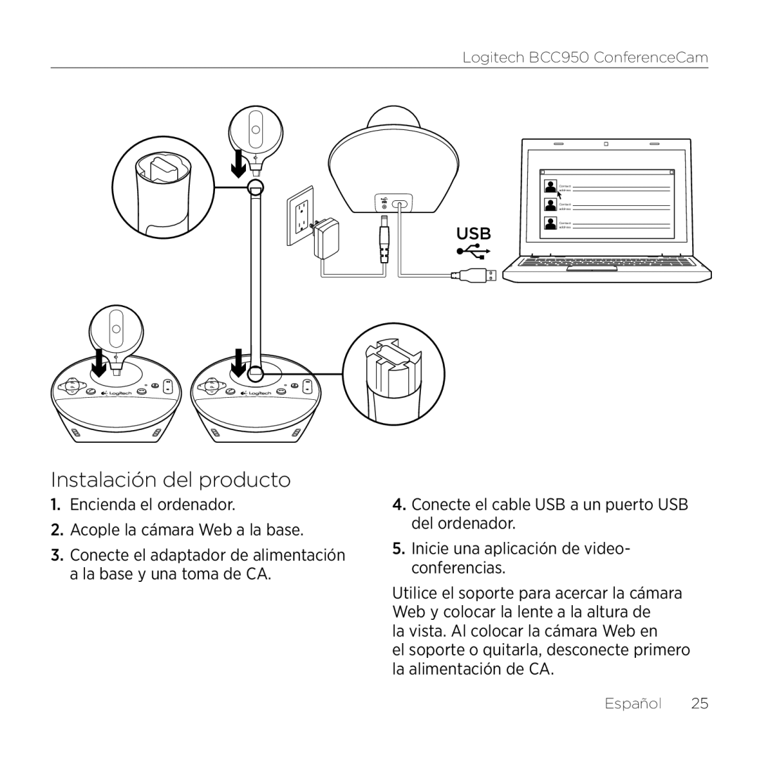 Logitech BCC950 manual Instalación del producto, Encienda el ordenador Acople la cámara Web a la base 