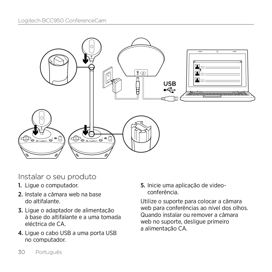 Logitech BCC950 manual Instalar o seu produto, Alimentação CA 