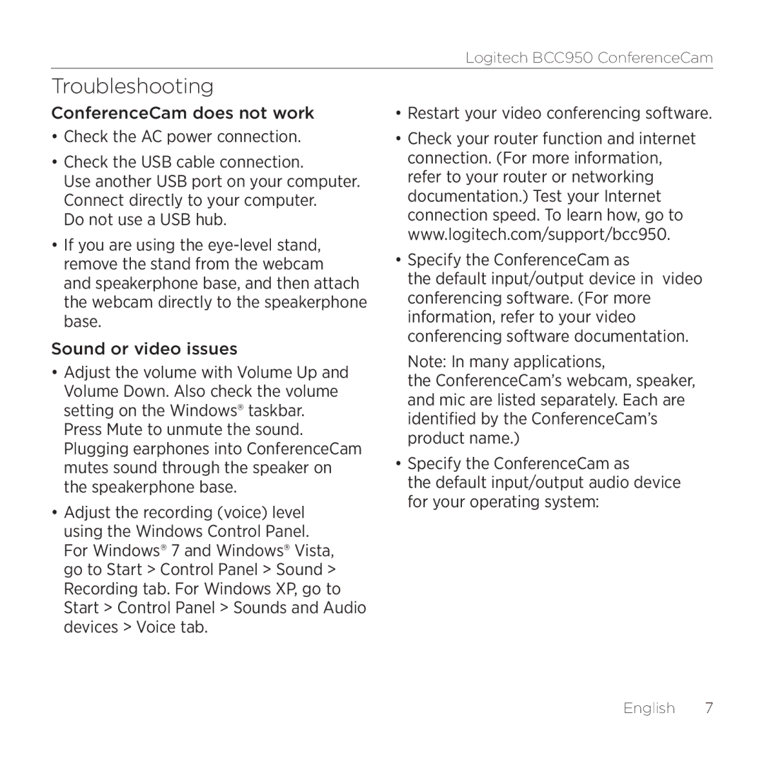 Logitech BCC950 manual Troubleshooting 