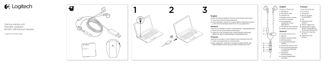 Logitech BH320 manual Logitech for Business, Français, English Product features, Deutsch Produktfunktionen 
